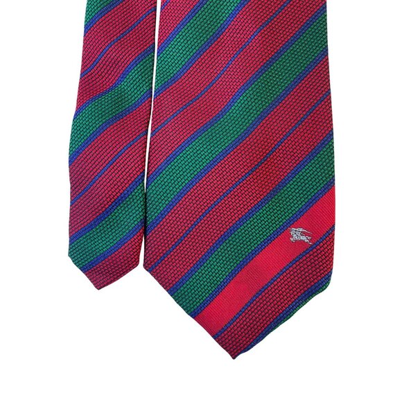 Vintage Red Green Silk Striped Tie Herringbone Logo Accent Classic - Picture 3 of 7